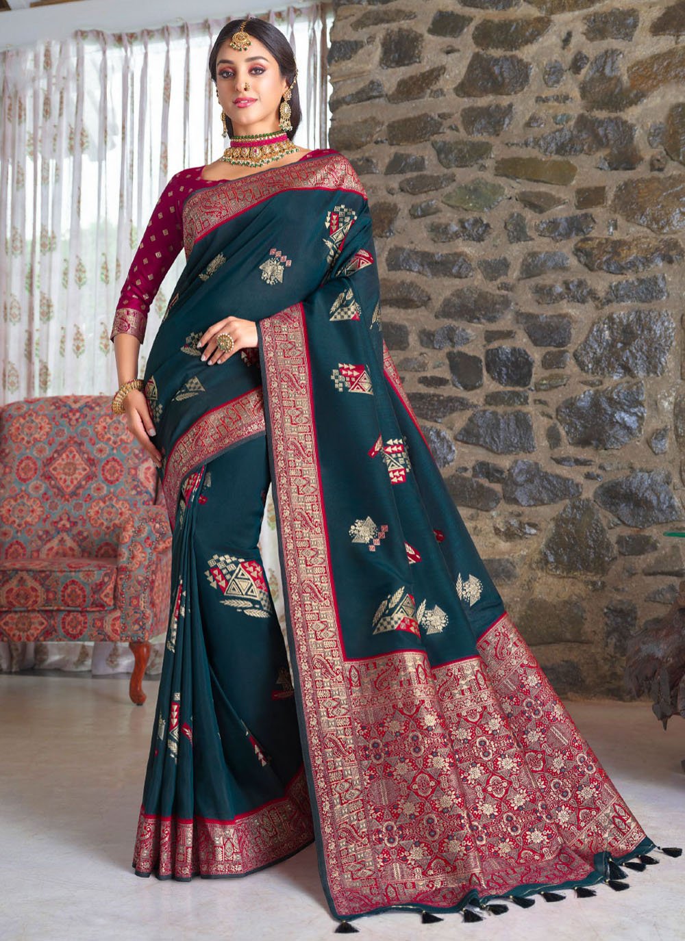 Designer Silk Blue Weaving Saree