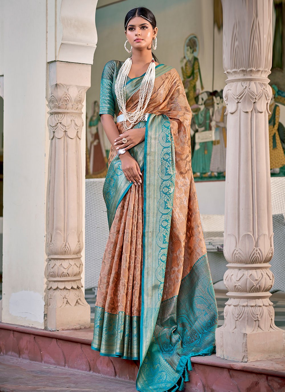 Trendy Saree Silk Tissue Brown Weaving Saree