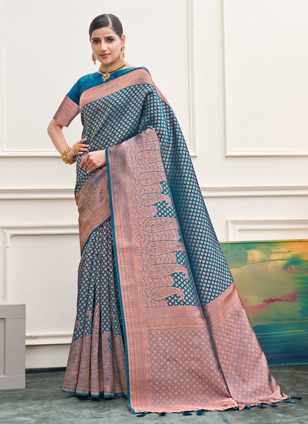 Designer Silk Firozi Weaving Saree