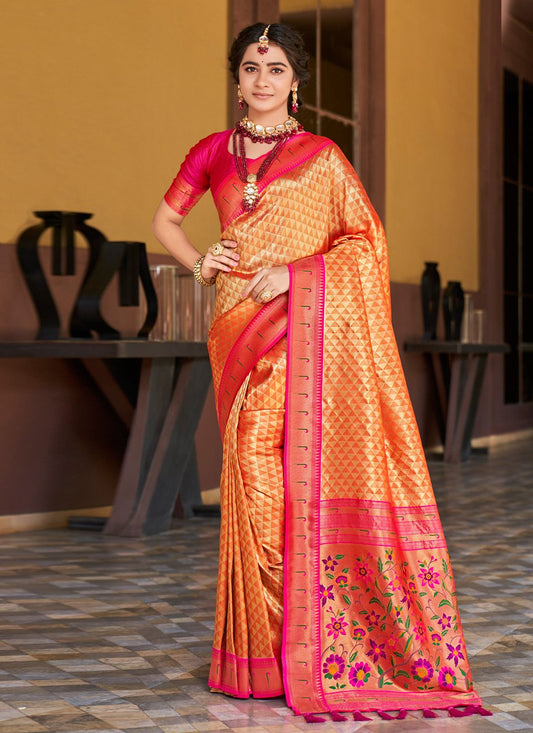 Designer Silk Orange Weaving Saree