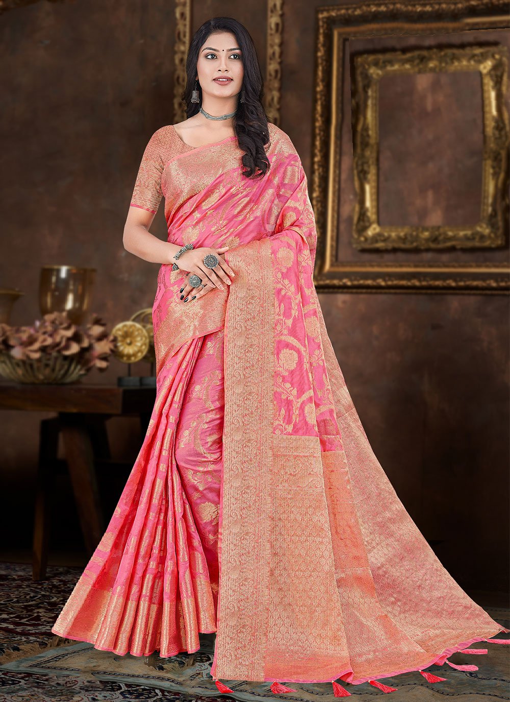 Contemporary Organza Silk Pink Weaving Saree