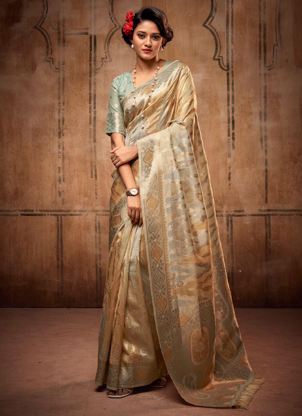 Traditional Saree Organza Silk Gold Silver Weaving Saree