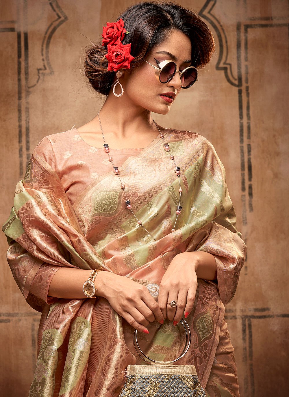 Contemporary Organza Silk Green Peach Weaving Saree