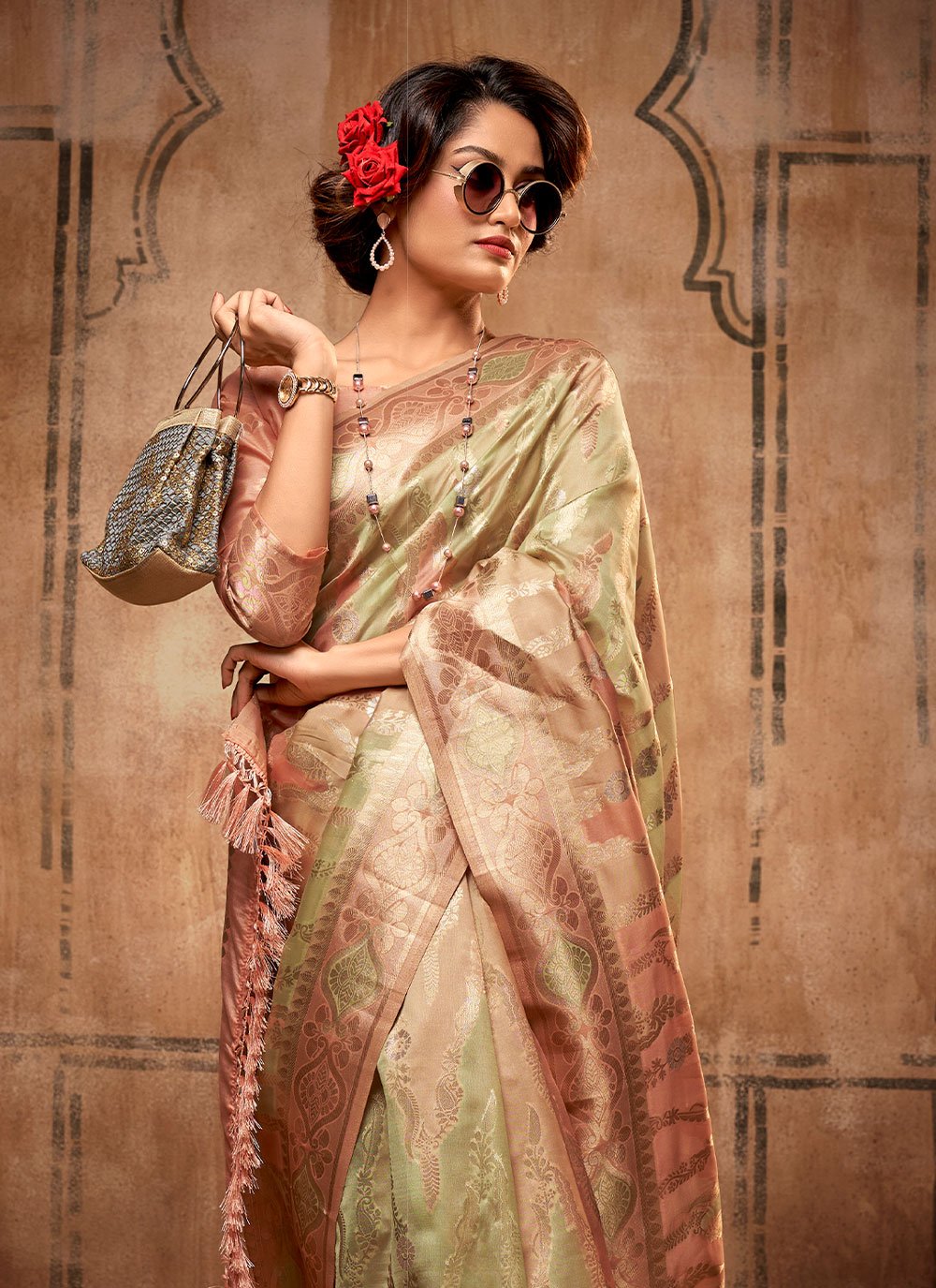 Contemporary Organza Silk Green Peach Weaving Saree