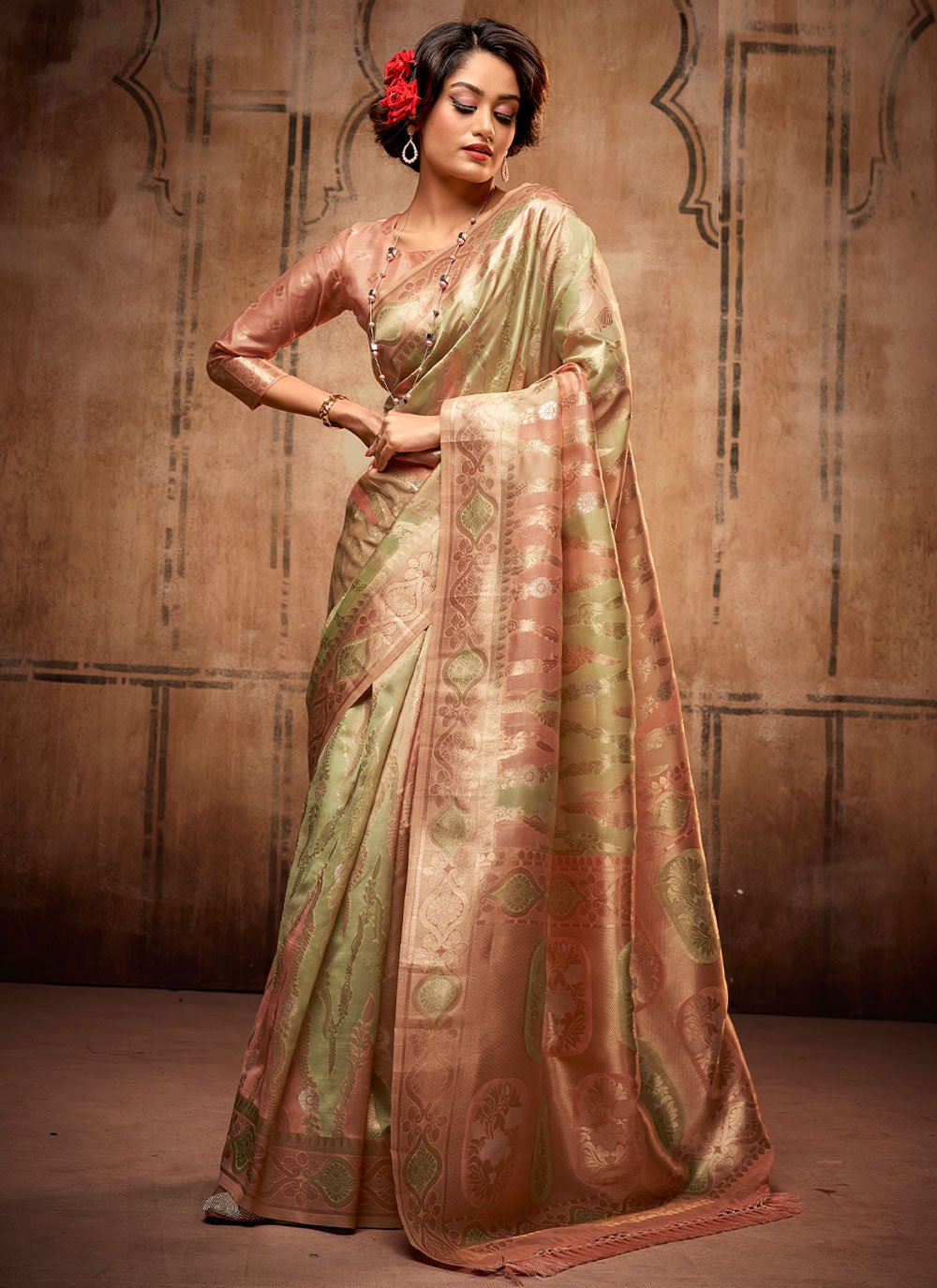 Contemporary Organza Silk Green Peach Weaving Saree