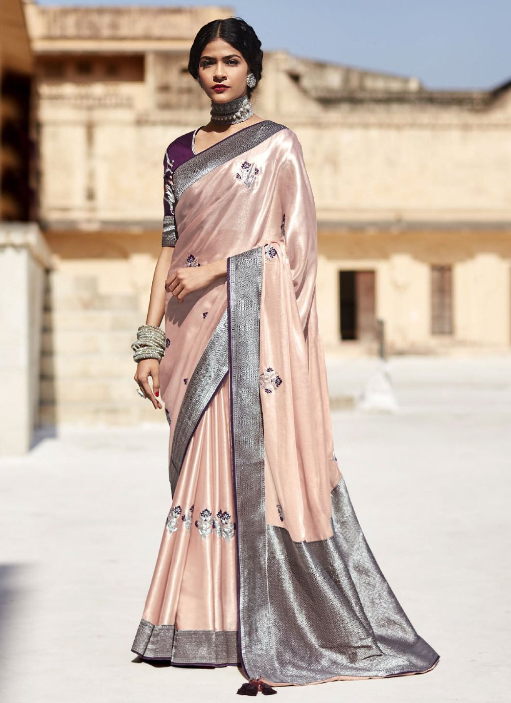 Designer Silk Mauve Embroidered Saree