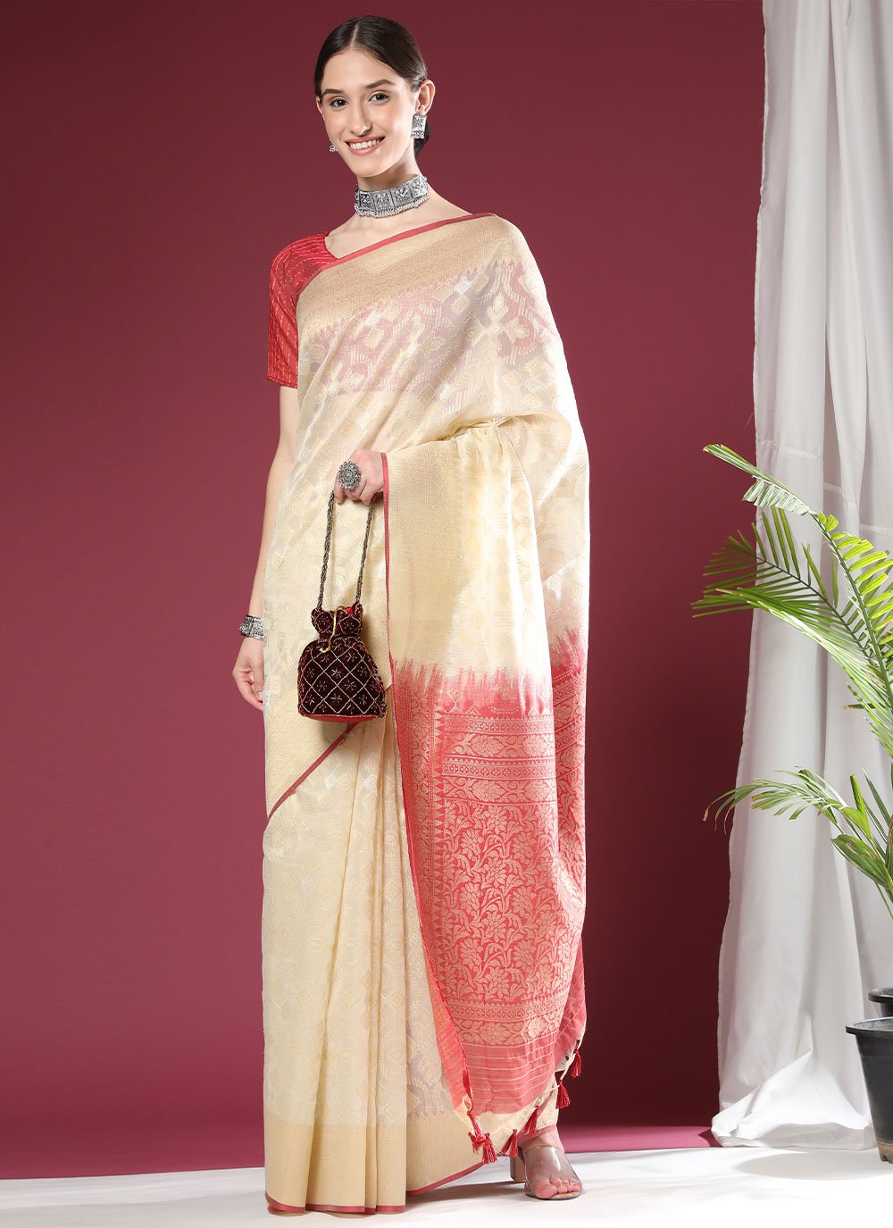 Classic Organza Silk Off White Weaving Saree