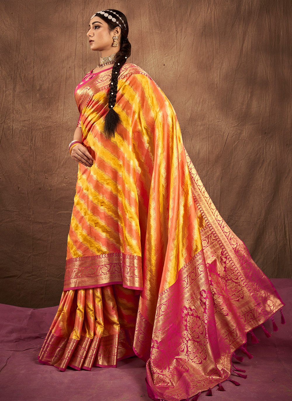 Traditional Saree Silk Orange Yellow Weaving Saree