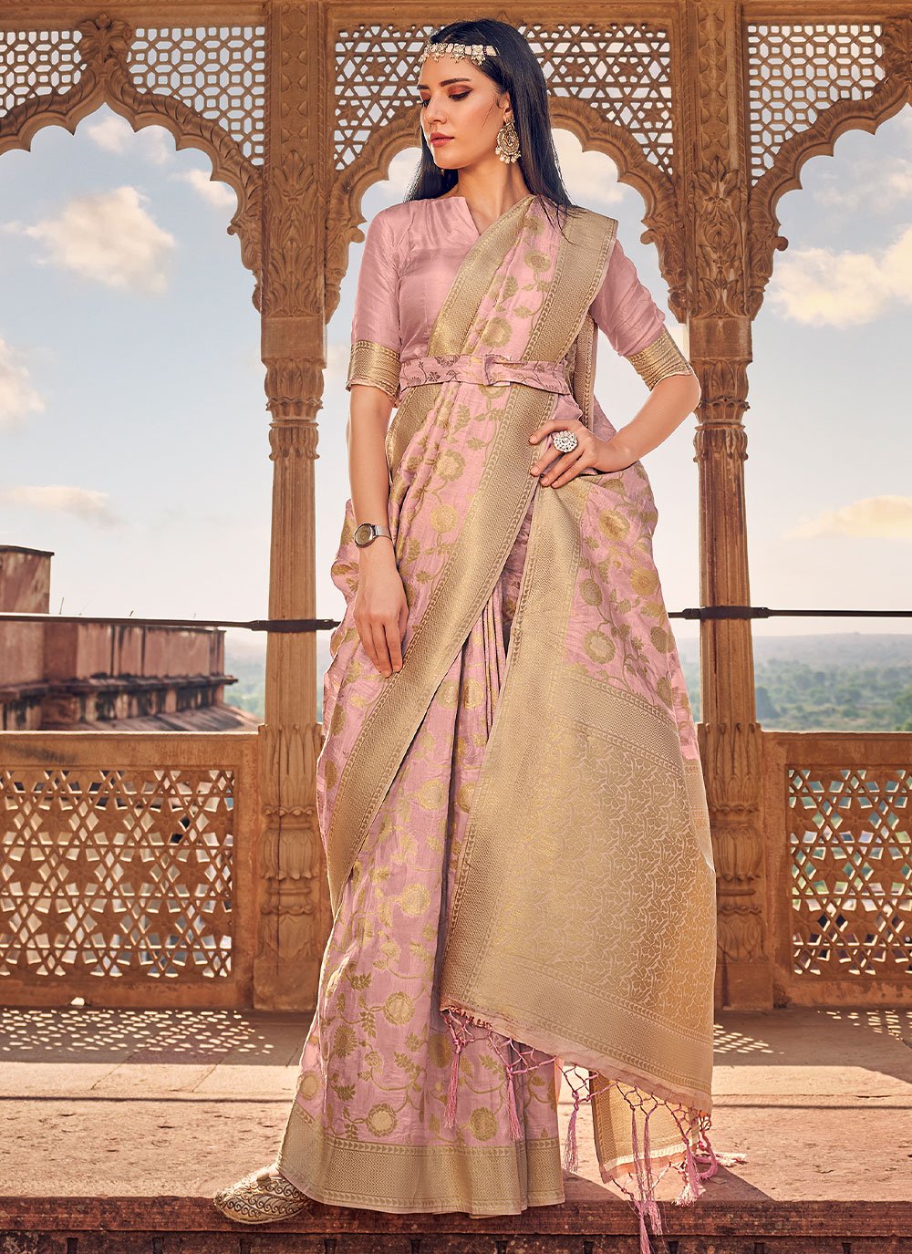 Contemporary Silk Viscose Pink Weaving Saree