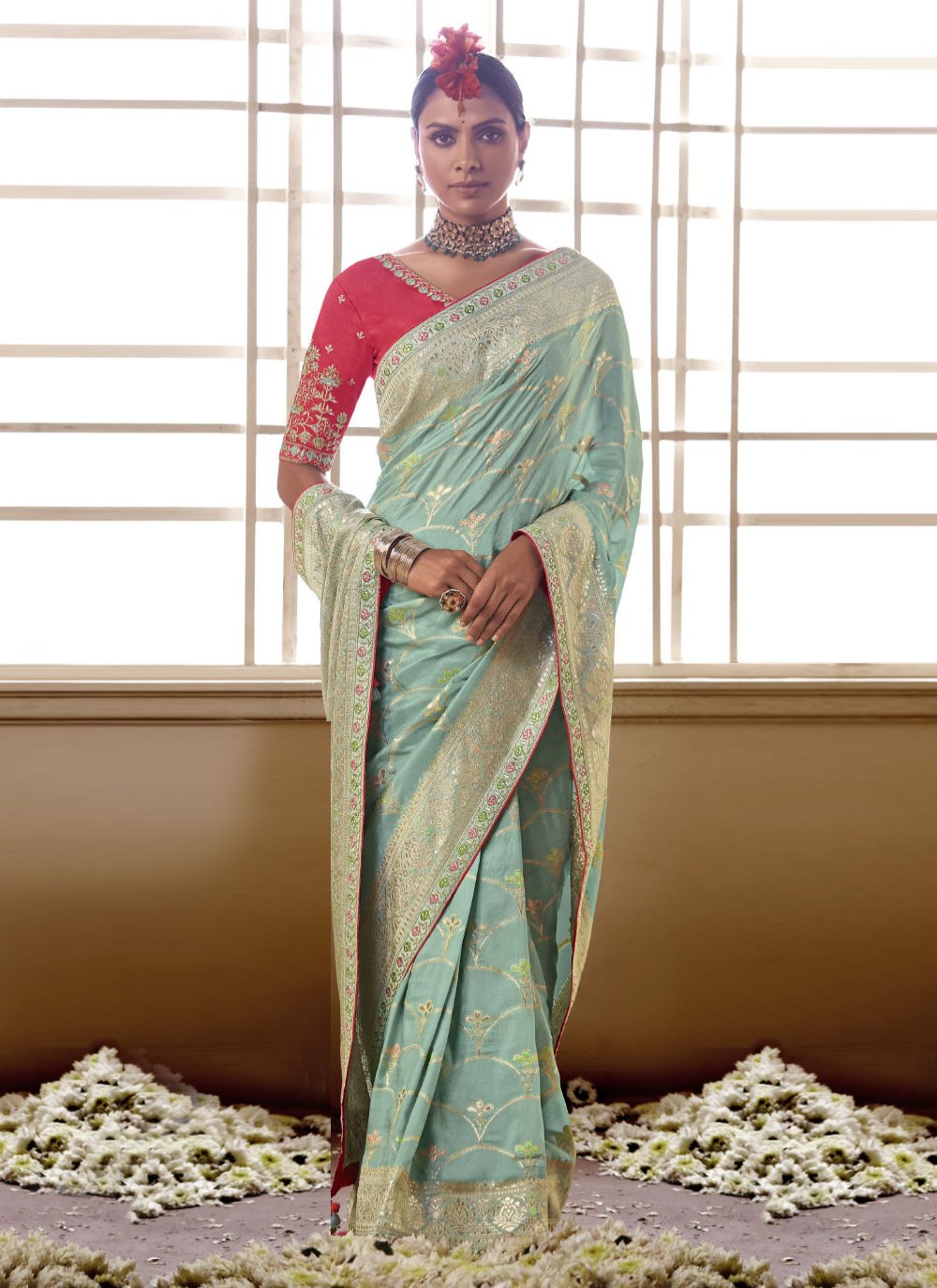 Classic Silk Aqua Blue Embroidered Saree