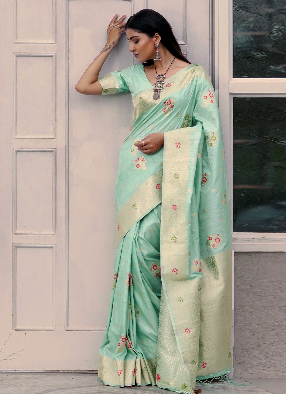 Designer Silk Sea Green Weaving Saree