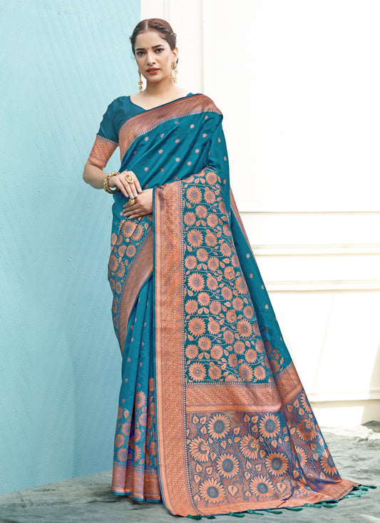 Traditional Saree Silk Firozi Weaving Saree