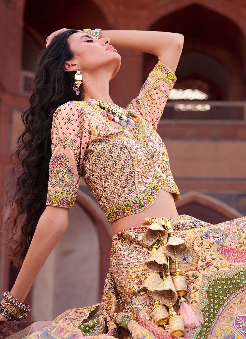 A Line Lehenga Silk Peach Embroidered Lehenga Choli