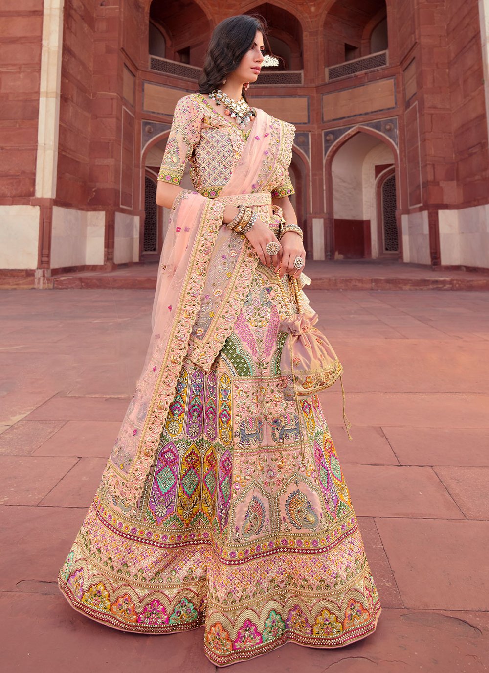 A Line Lehenga Silk Peach Embroidered Lehenga Choli