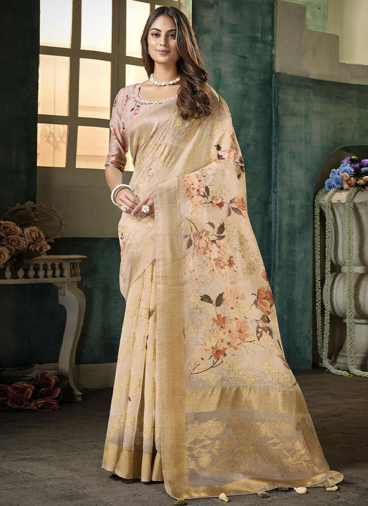 Classic Silk Cream Digital Print Saree