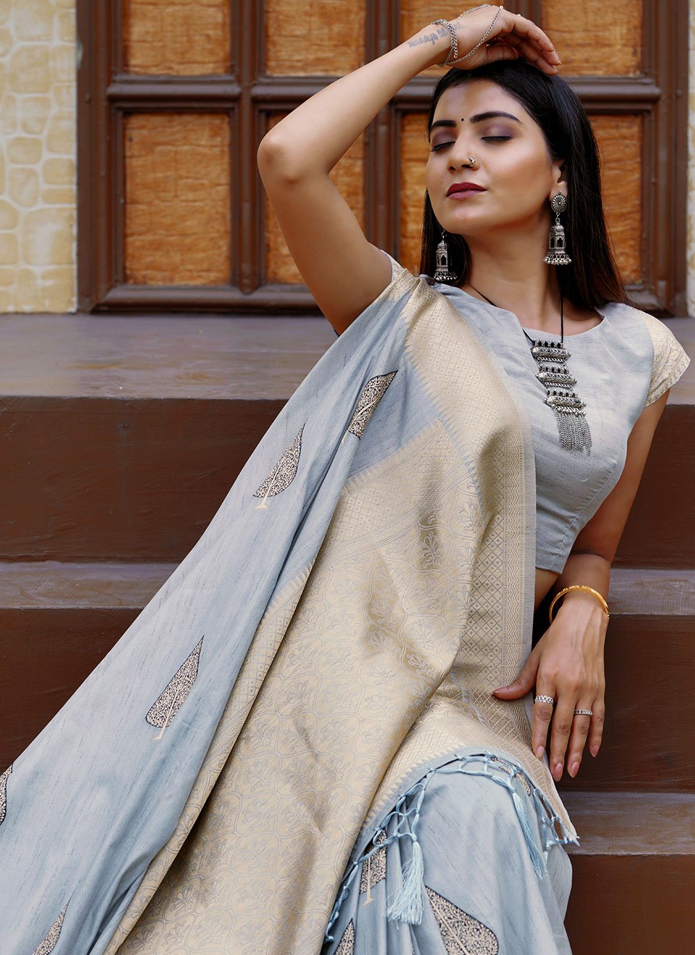 Designer Silk Grey Weaving Saree