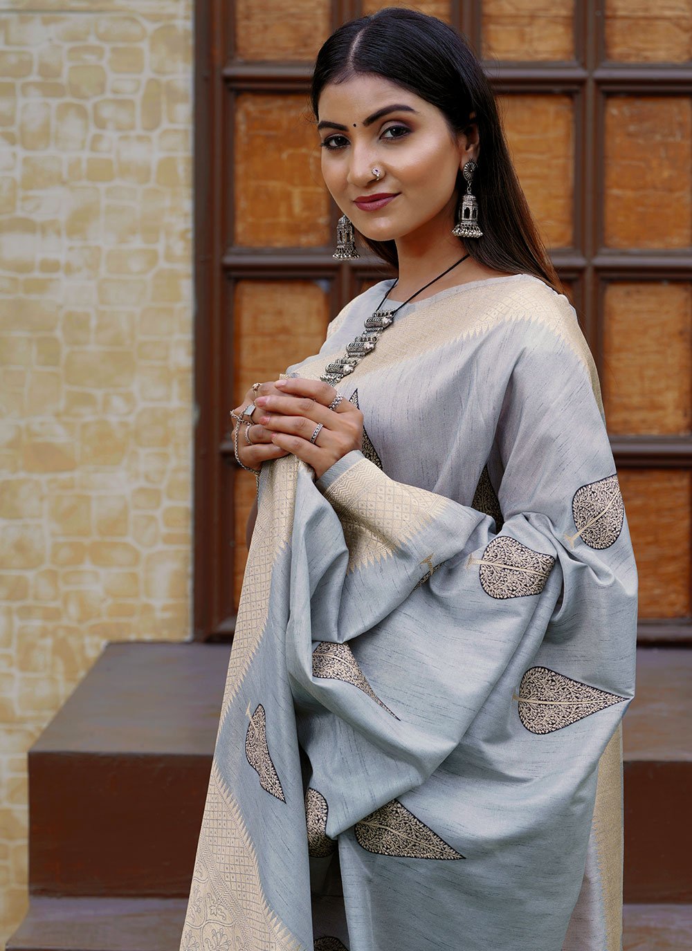 Designer Silk Grey Weaving Saree