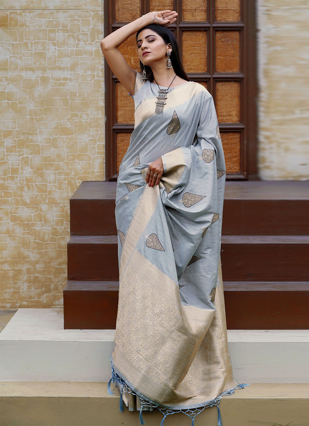 Designer Silk Grey Weaving Saree