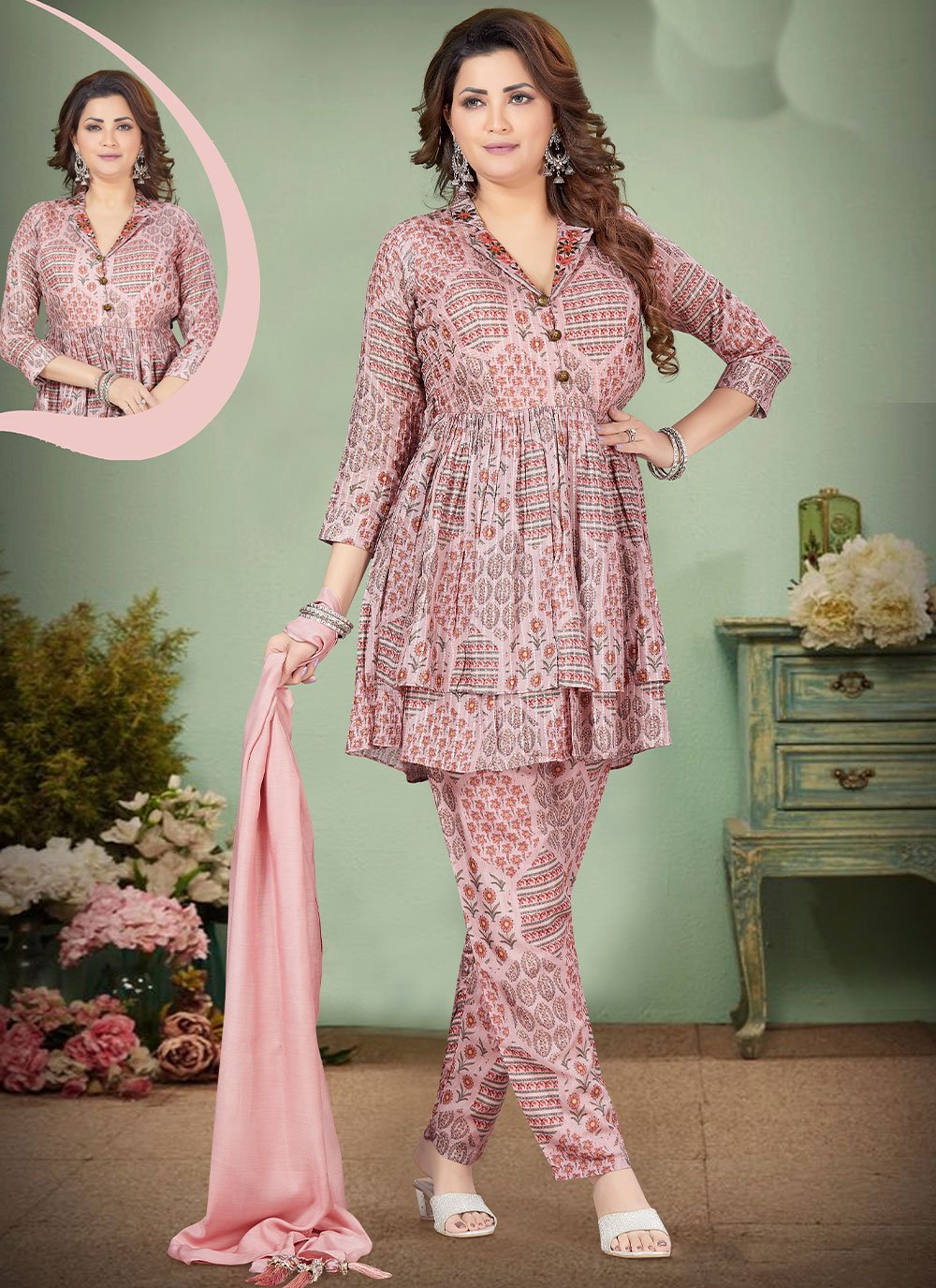Readymade Style Silk Pink Print Salwar Kameez