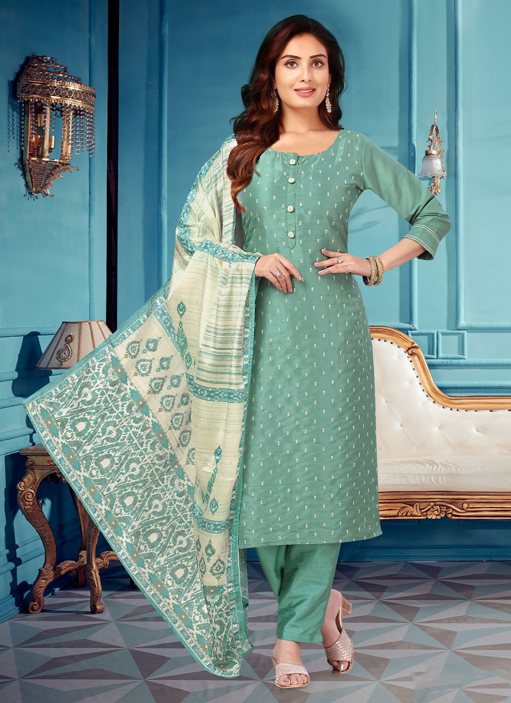 Salwar Suit Silk Sea Green Embroidered Salwar Kameez