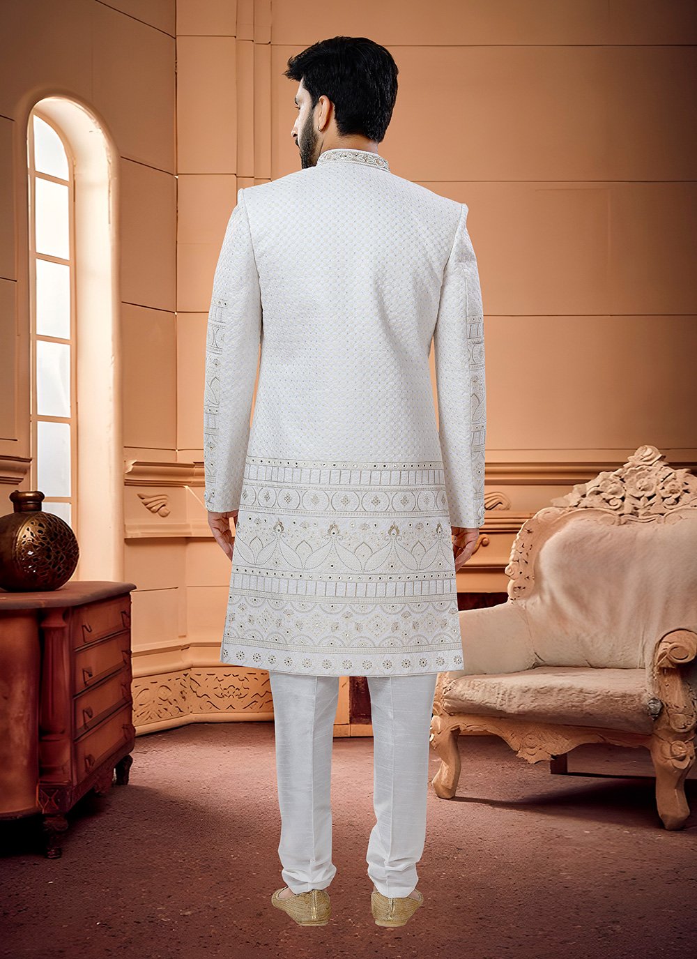 Indo Western Sherwani Silk White Embroidered Mens