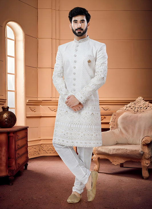 Indo Western Sherwani Silk White Embroidered Mens