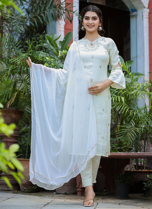 Pant Style Suit Silk White Embroidered Salwar Kameez