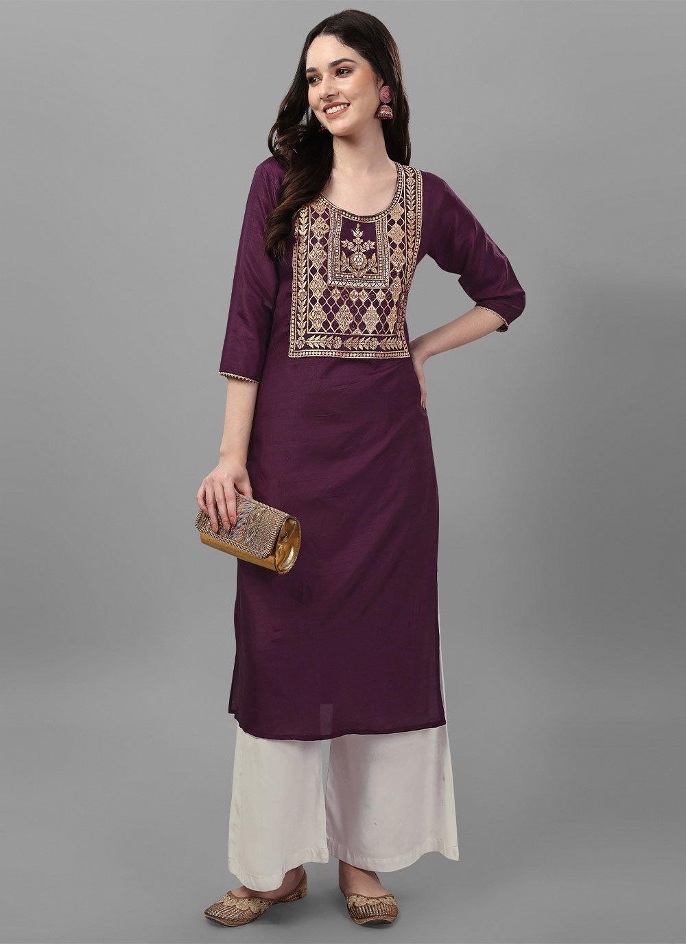 Casual Kurti Silk Wine Jacquard Work Kurtis