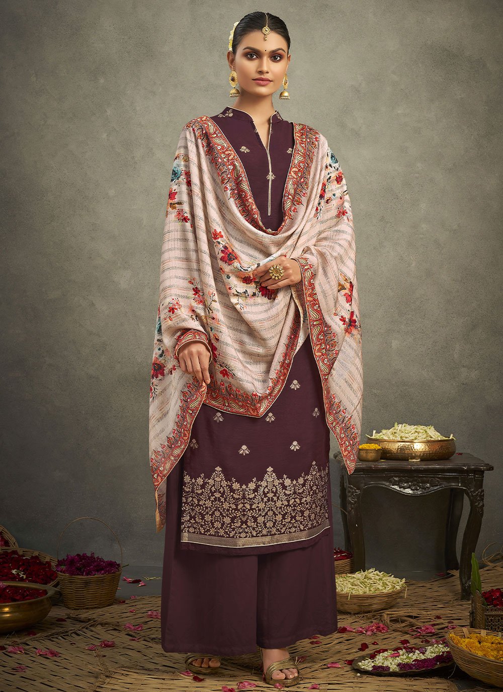 Palazzo Salwar Suit Silk Wine Jacquard Work Salwar Kameez