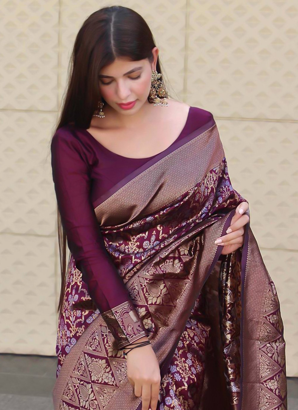 Traditional Saree Silk Wine Jacquard Work Saree