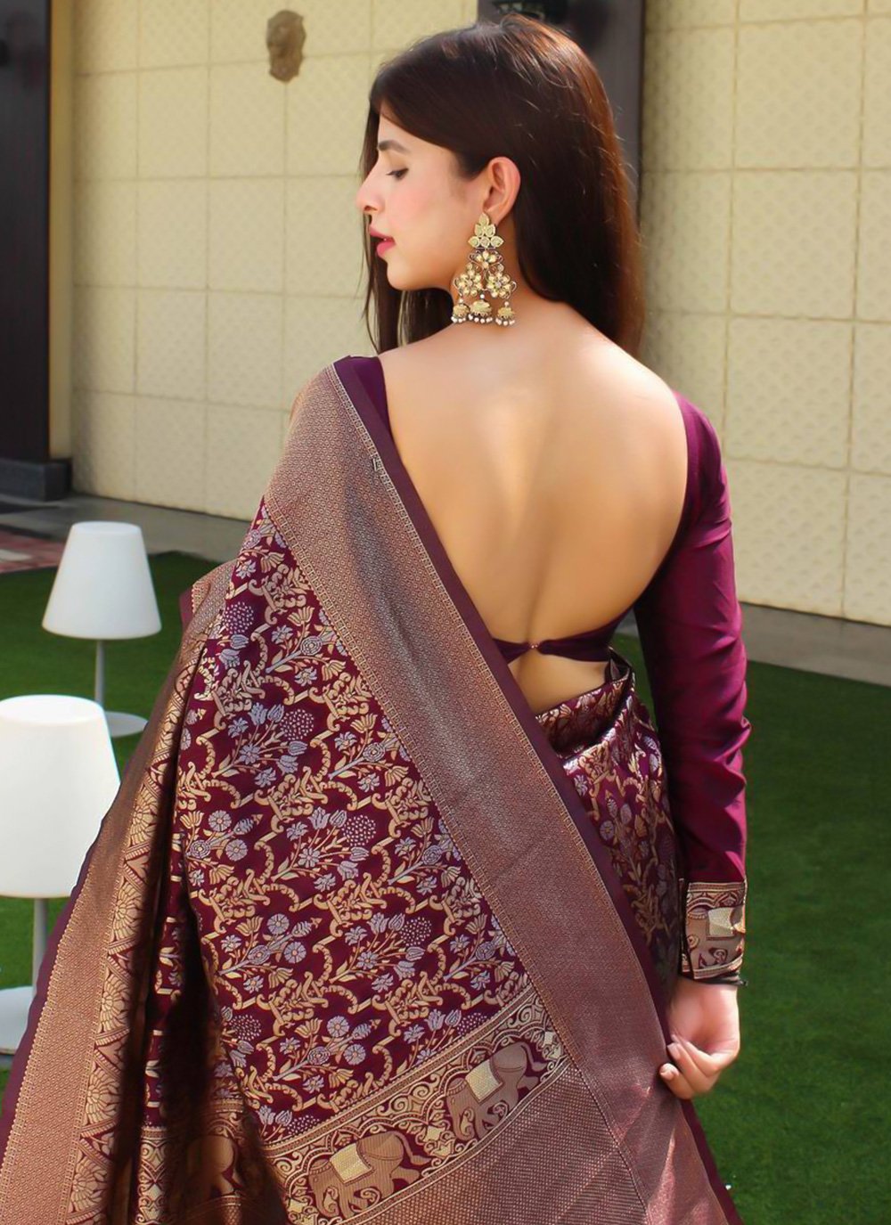 Traditional Saree Silk Wine Jacquard Work Saree