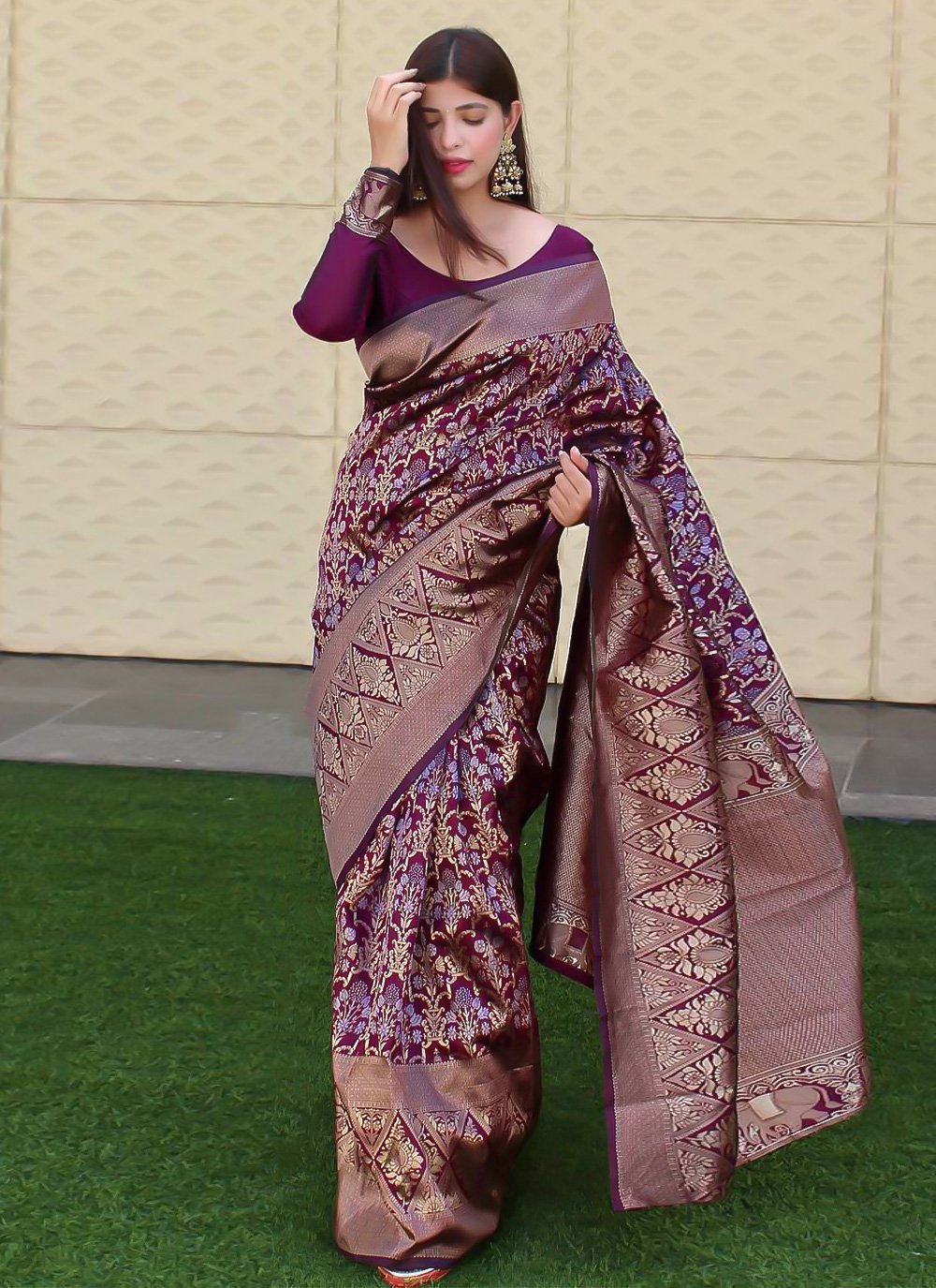 Traditional Saree Silk Wine Jacquard Work Saree