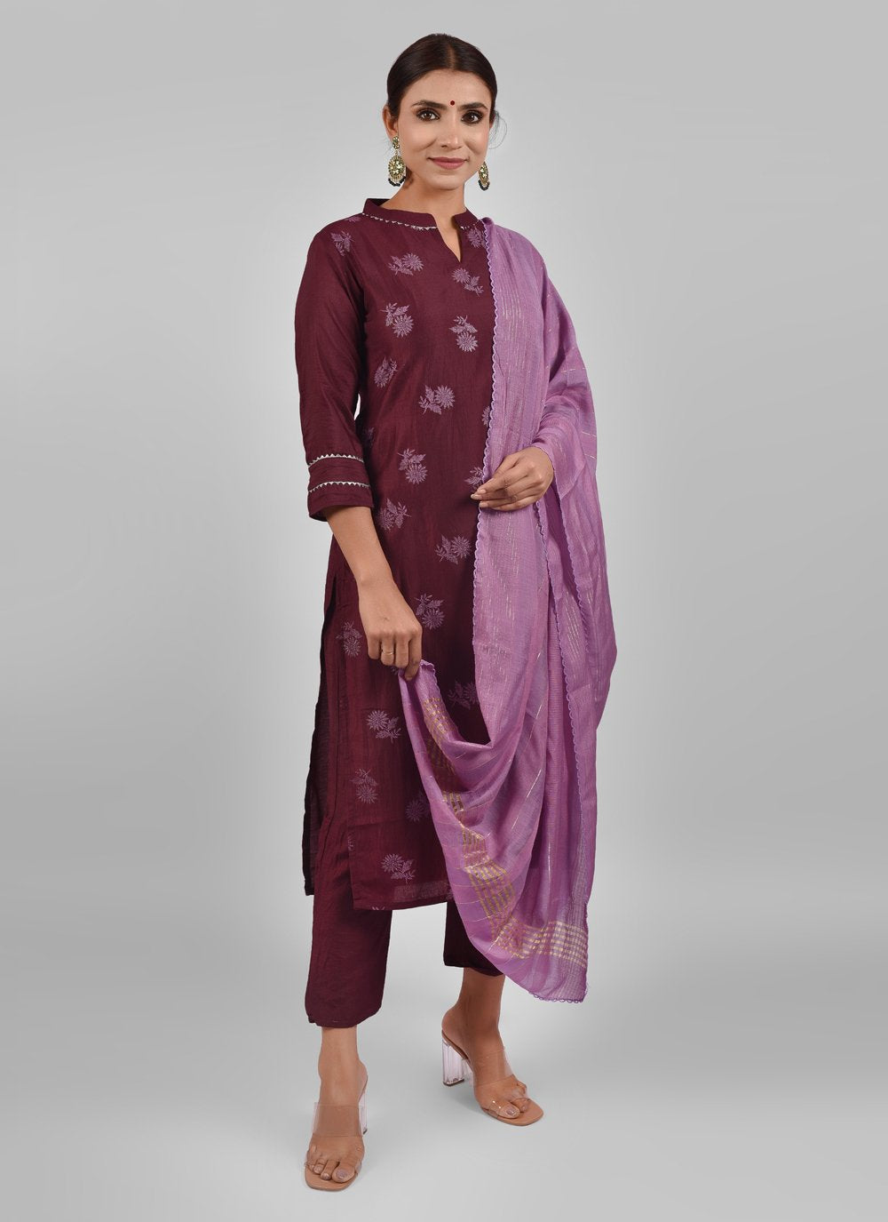 Pant Style Suit Chinon Silk Wine Fancy Work Salwar Kameez