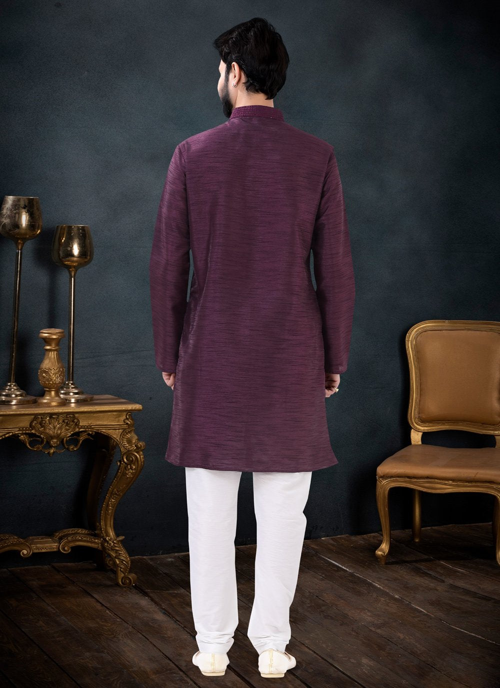 Kurta Pyjama Silk Wine Plain Mens