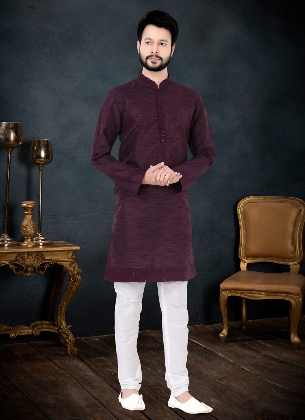 Kurta Pyjama Silk Wine Plain Mens