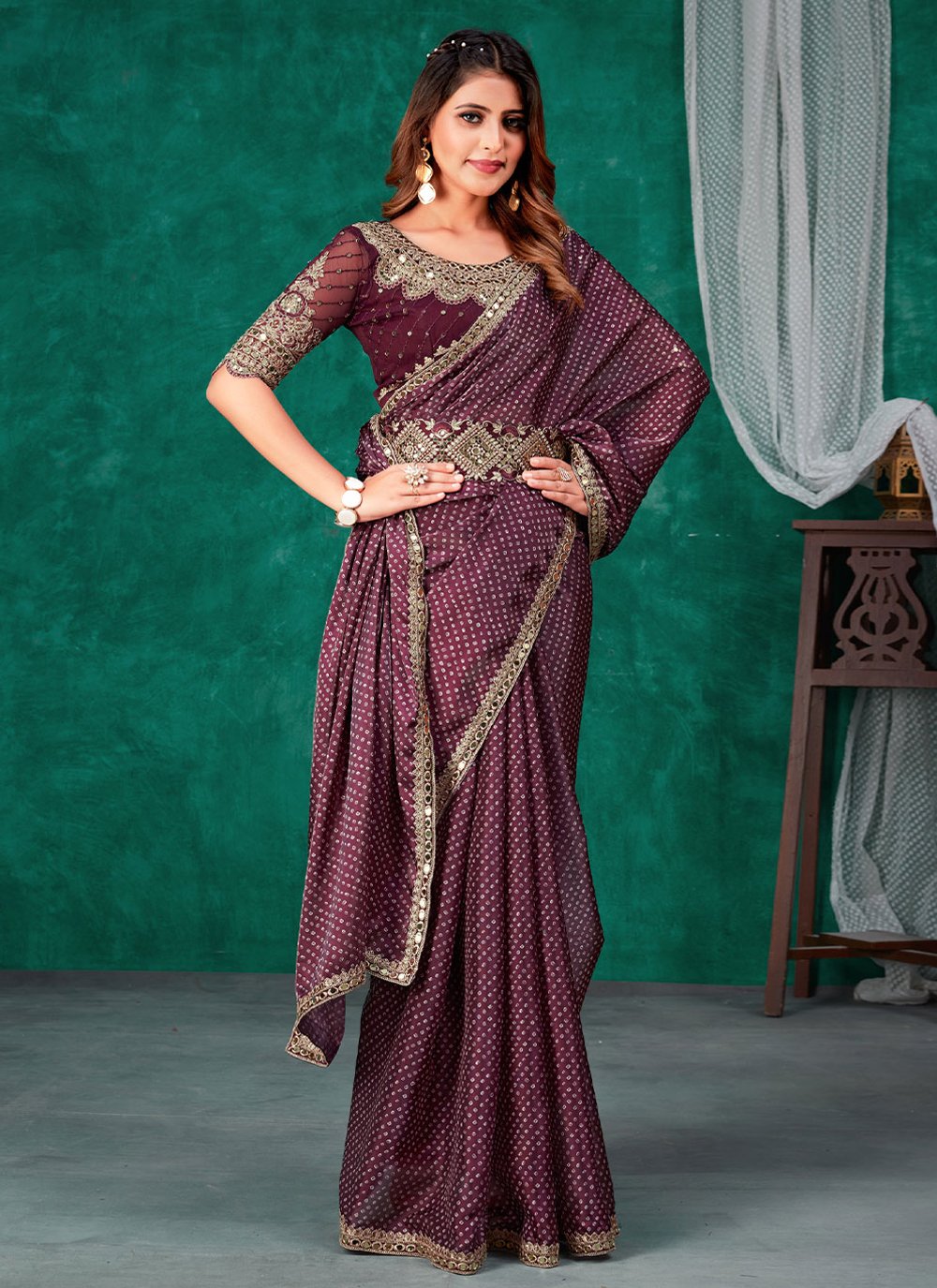 Traditional Saree Silk Wine Digital Print Saree