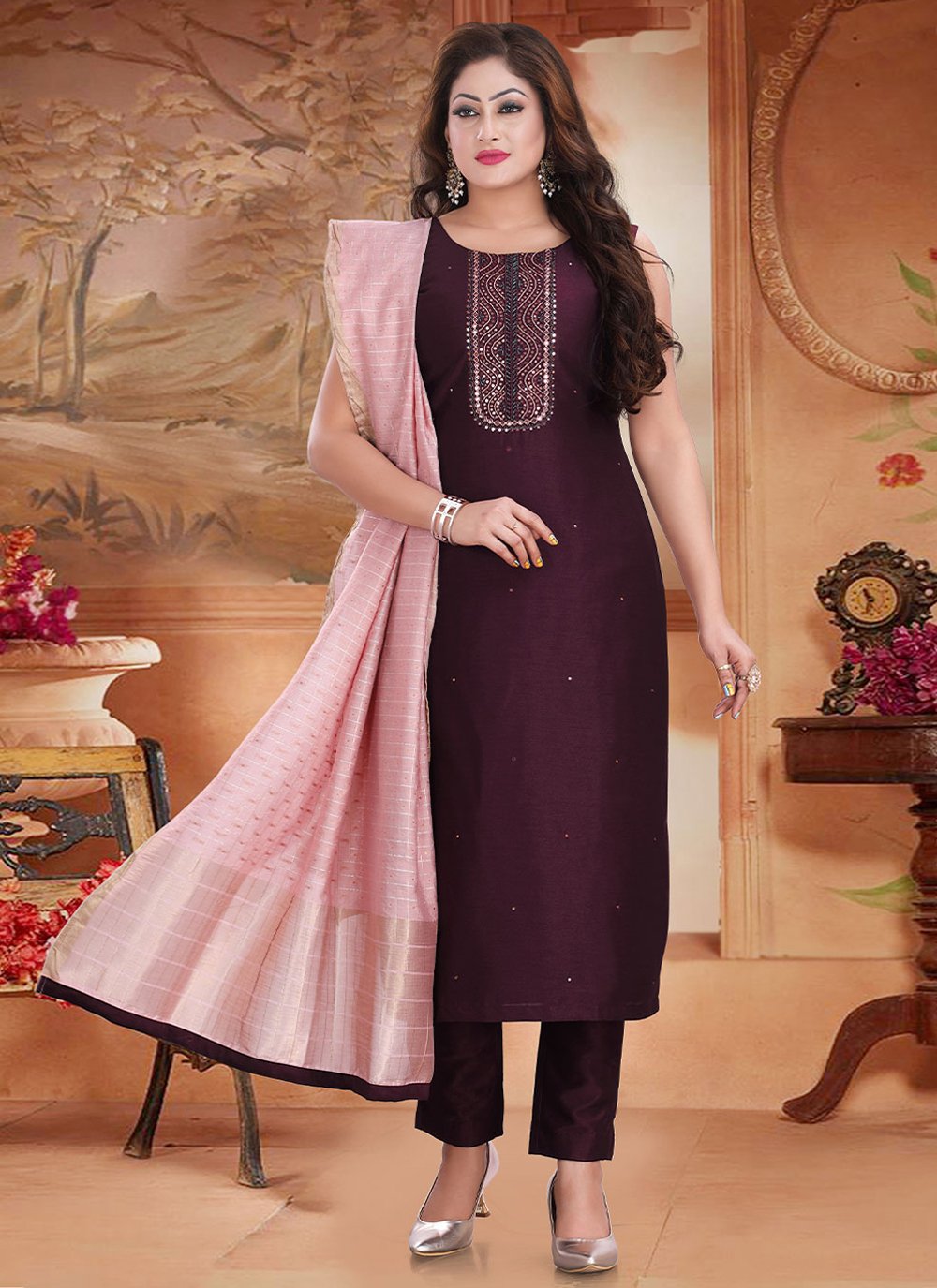 Trendy Suit Silk Wine Embroidered Salwar Kameez