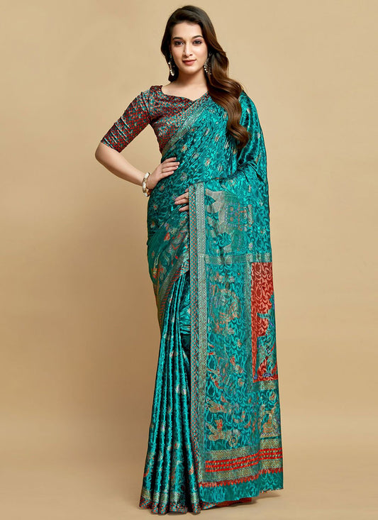 Classic Silk Turquoise Jacquard Work Saree