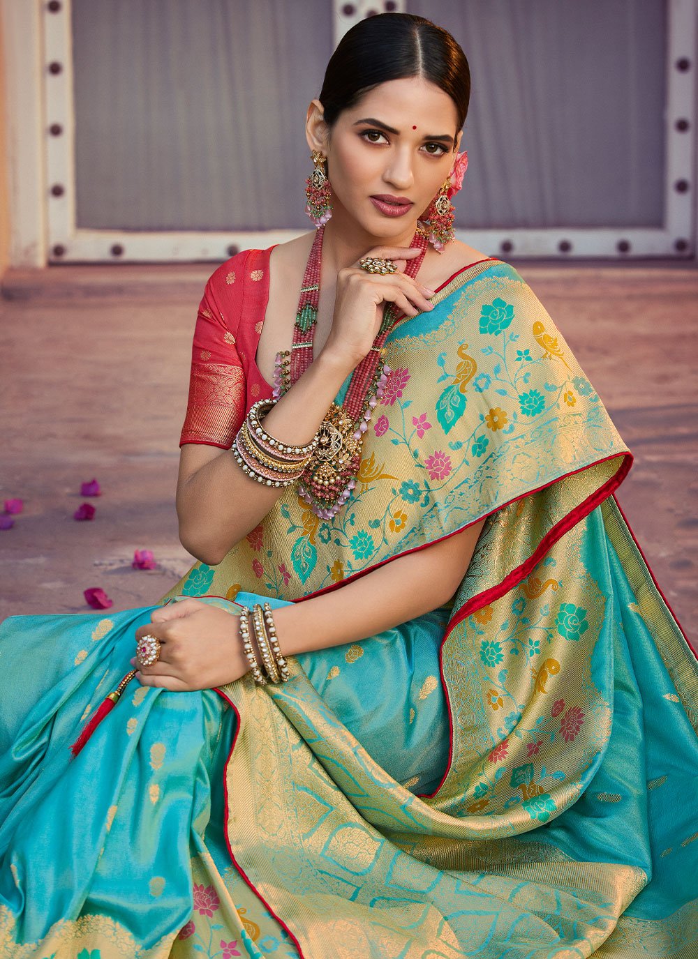 Contemporary Silk Tissue Firozi Woven Saree