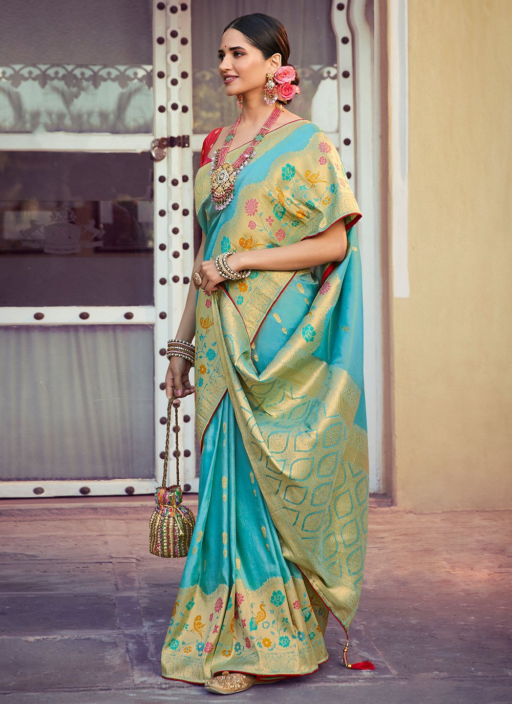 Contemporary Silk Tissue Firozi Woven Saree