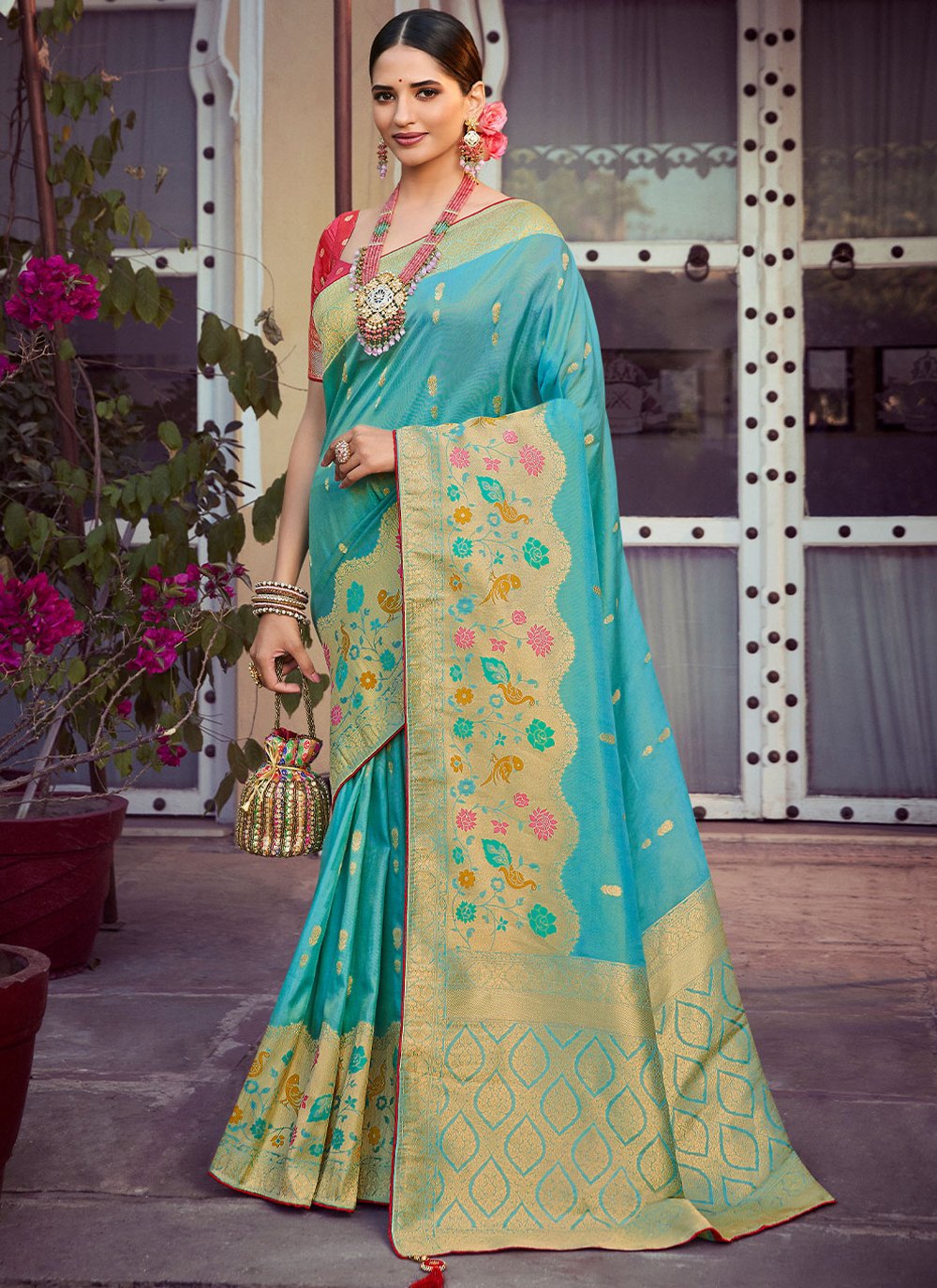 Contemporary Silk Tissue Firozi Woven Saree