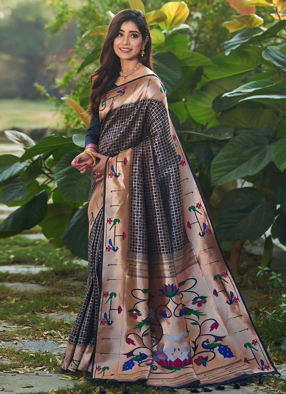 Contemporary Silk Black Floral Patch Saree