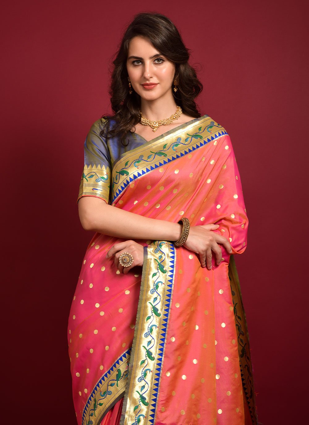 Contemporary Silk Peach Woven Saree