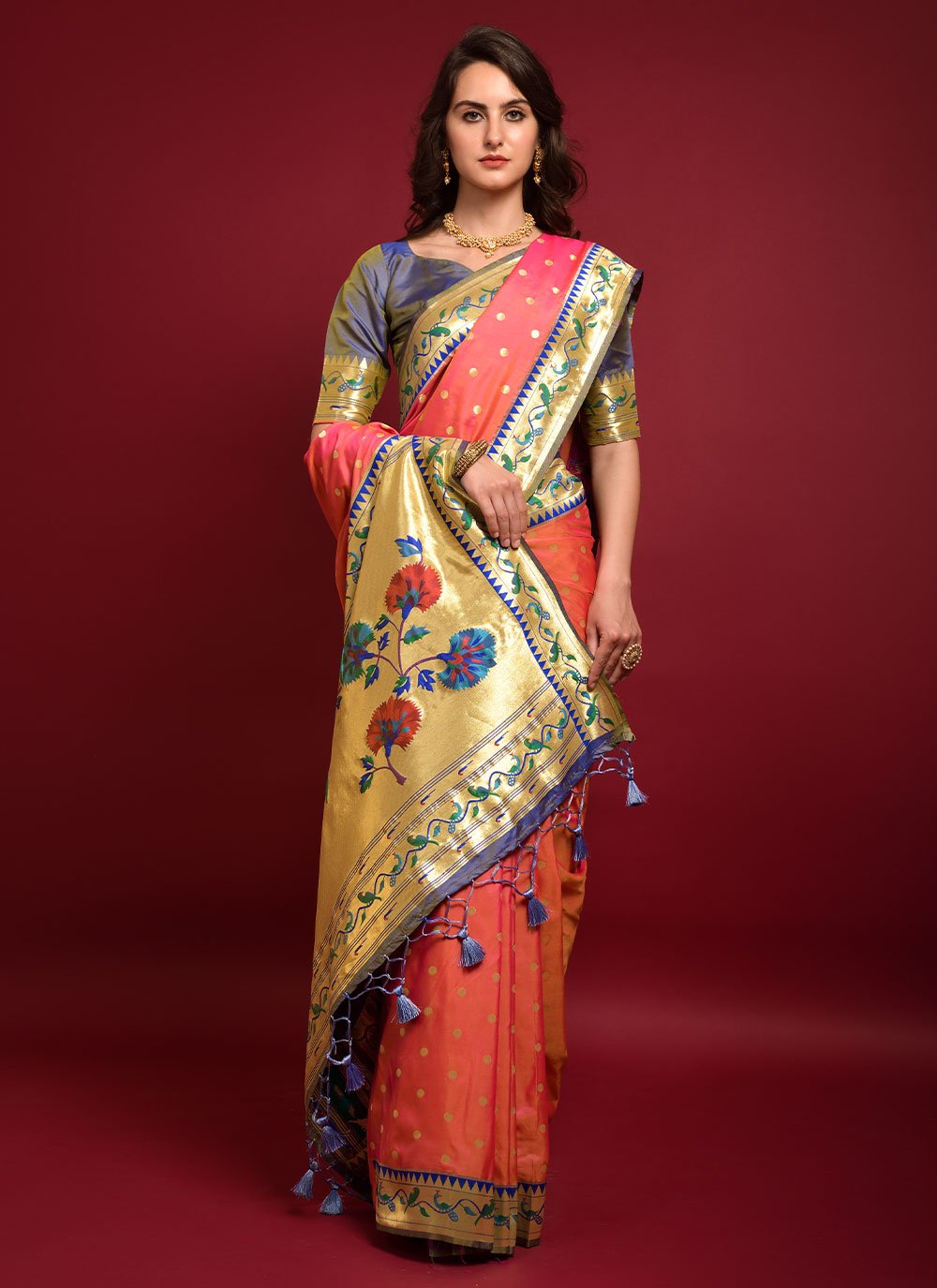 Contemporary Silk Peach Woven Saree