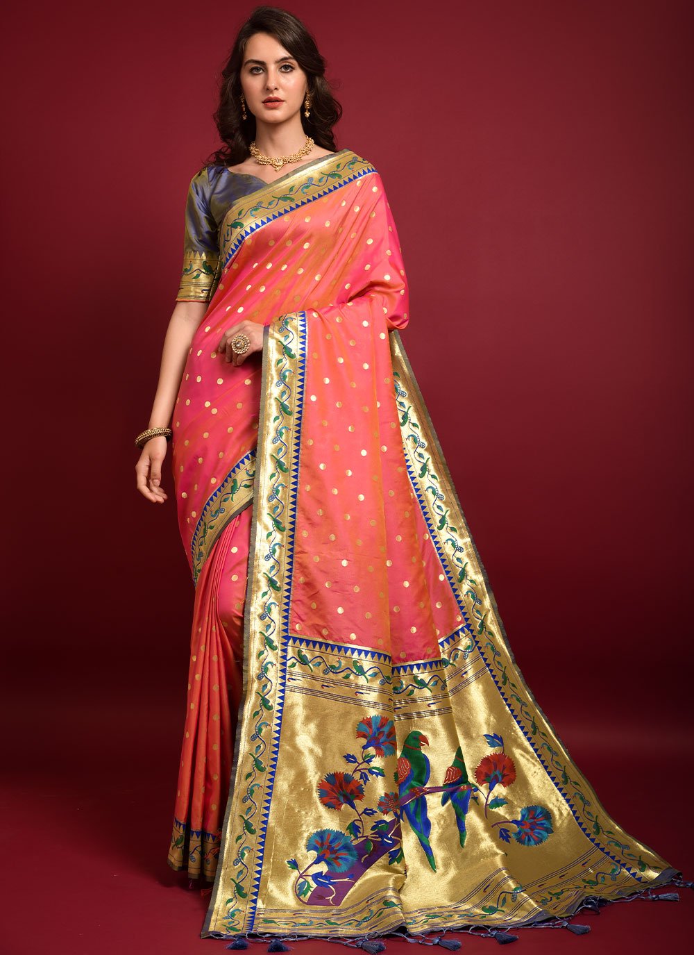 Contemporary Silk Peach Woven Saree