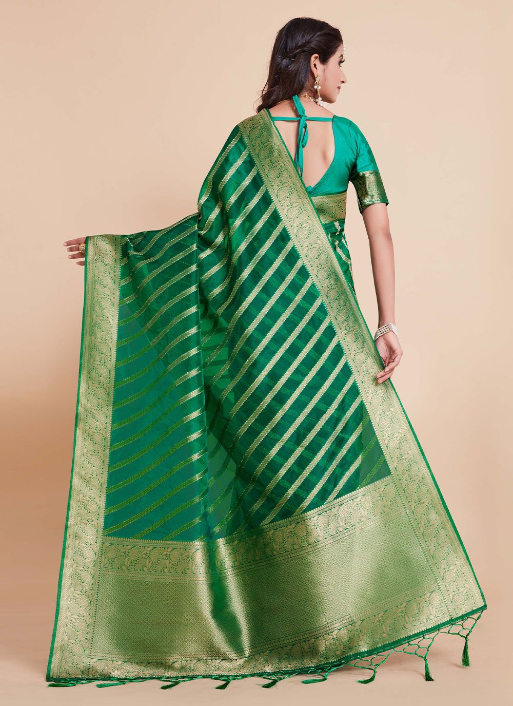 Contemporary Organza Silk Green Woven Saree