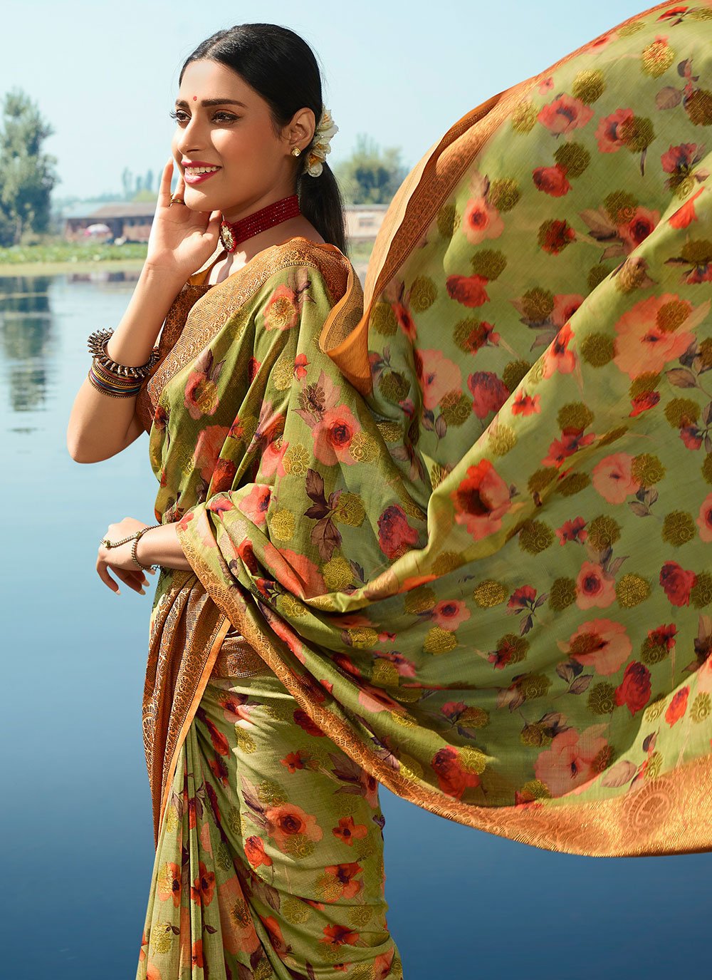 Designer Silk Green Digital Print Saree