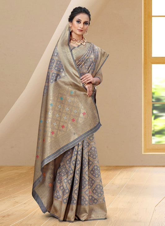 Designer Silk Grey Woven Saree