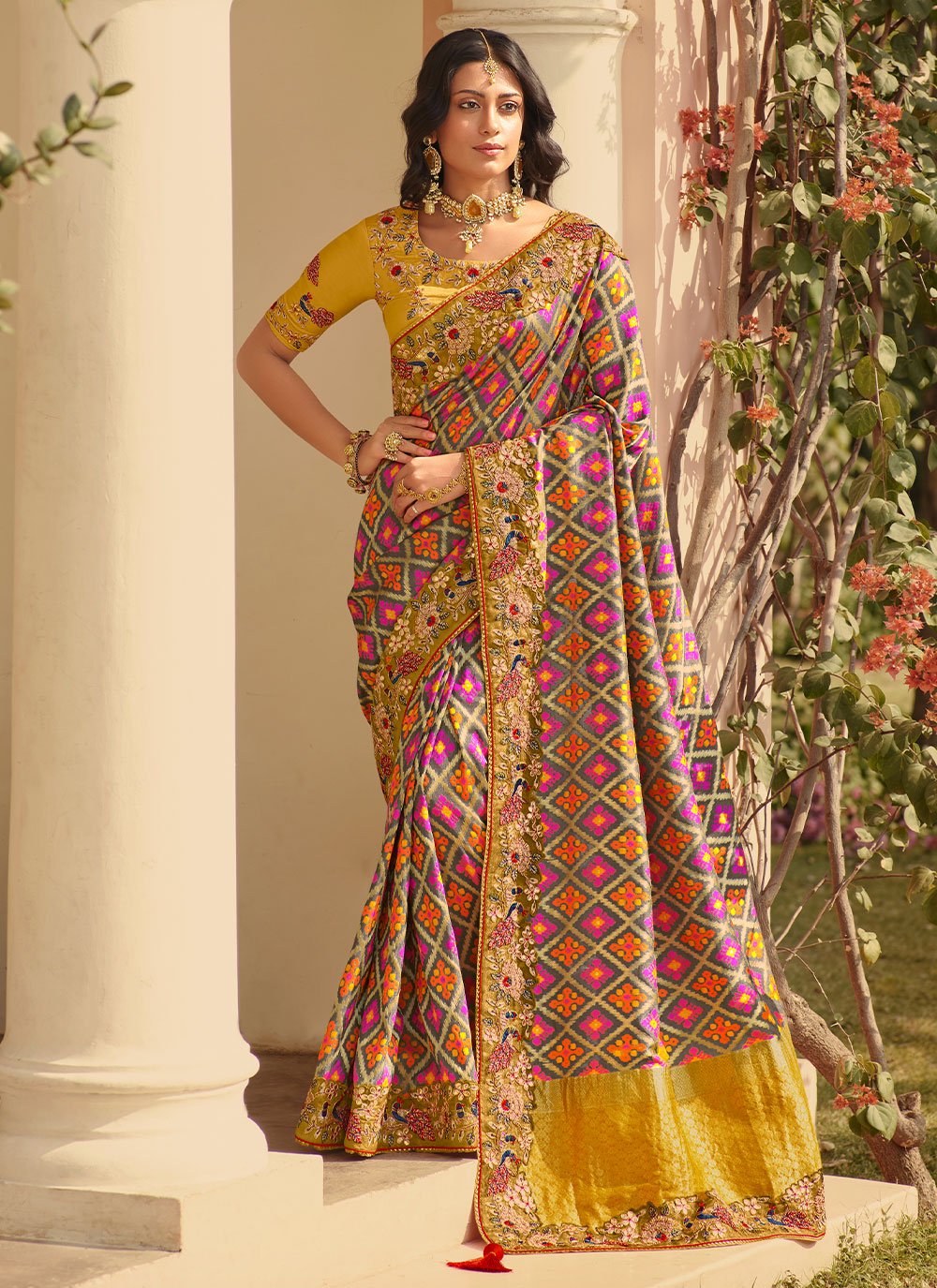 Designer Silk Multi Colour Patch Border Saree