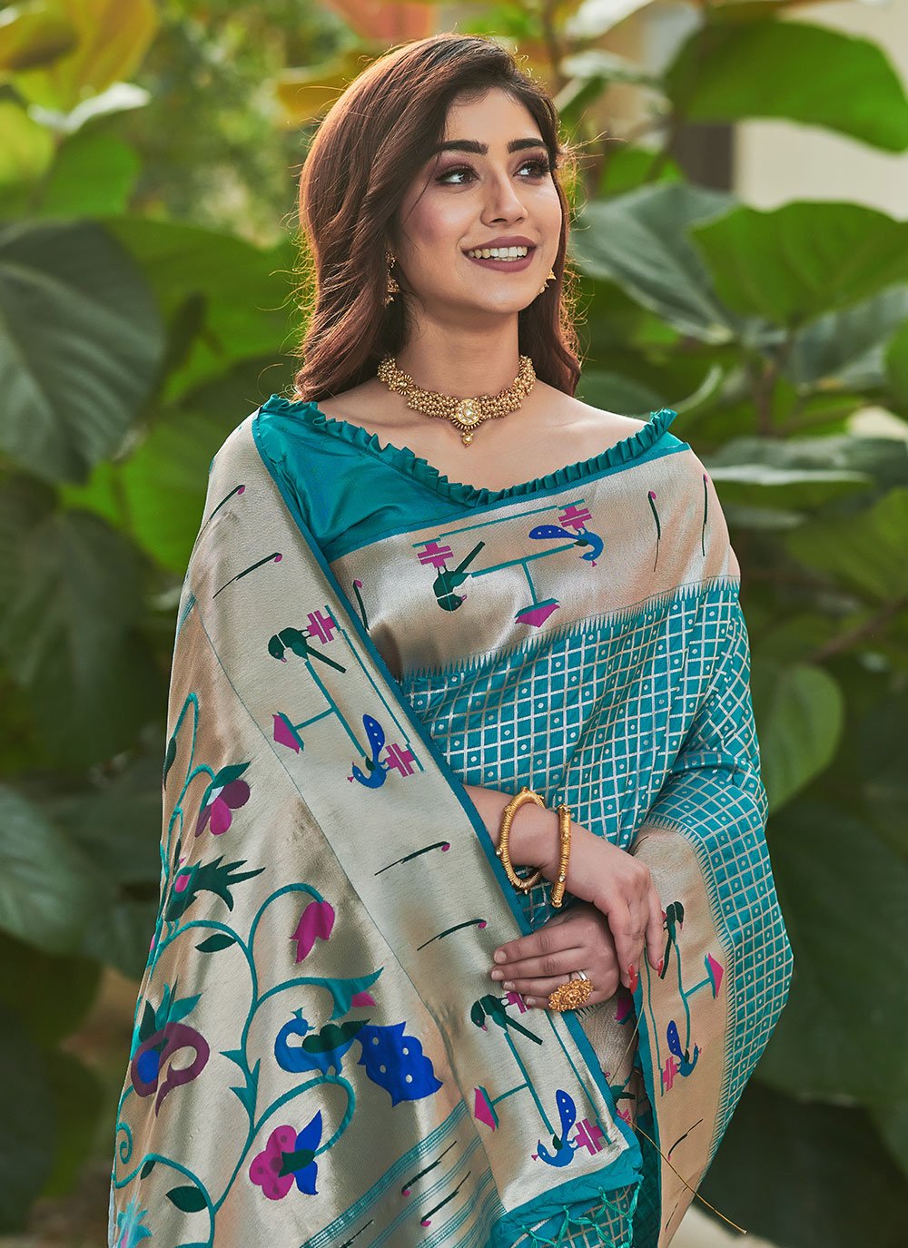 Trendy Saree Silk Firozi Floral Patch Saree